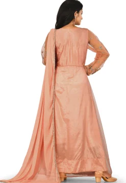 Embroidered Net Abaya Style Suit in Peach