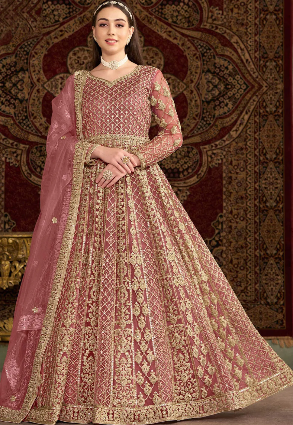 Embroidered Net Abaya Style Suit in Pink