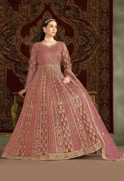 Embroidered Net Abaya Style Suit in Pink