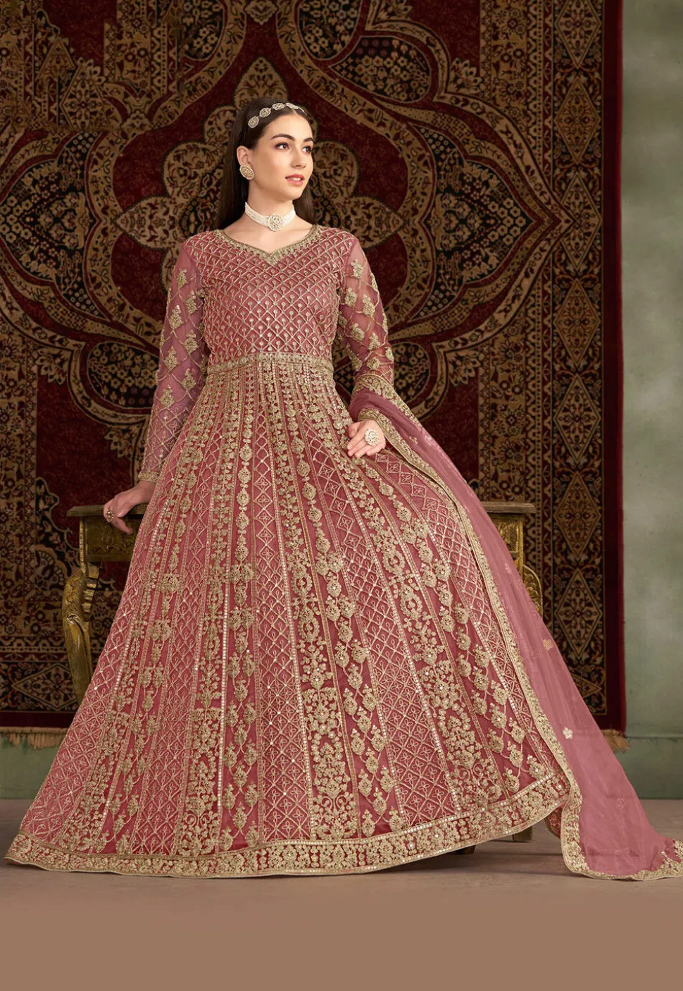 Embroidered Net Abaya Style Suit in Pink