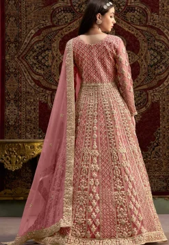 Embroidered Net Abaya Style Suit in Pink