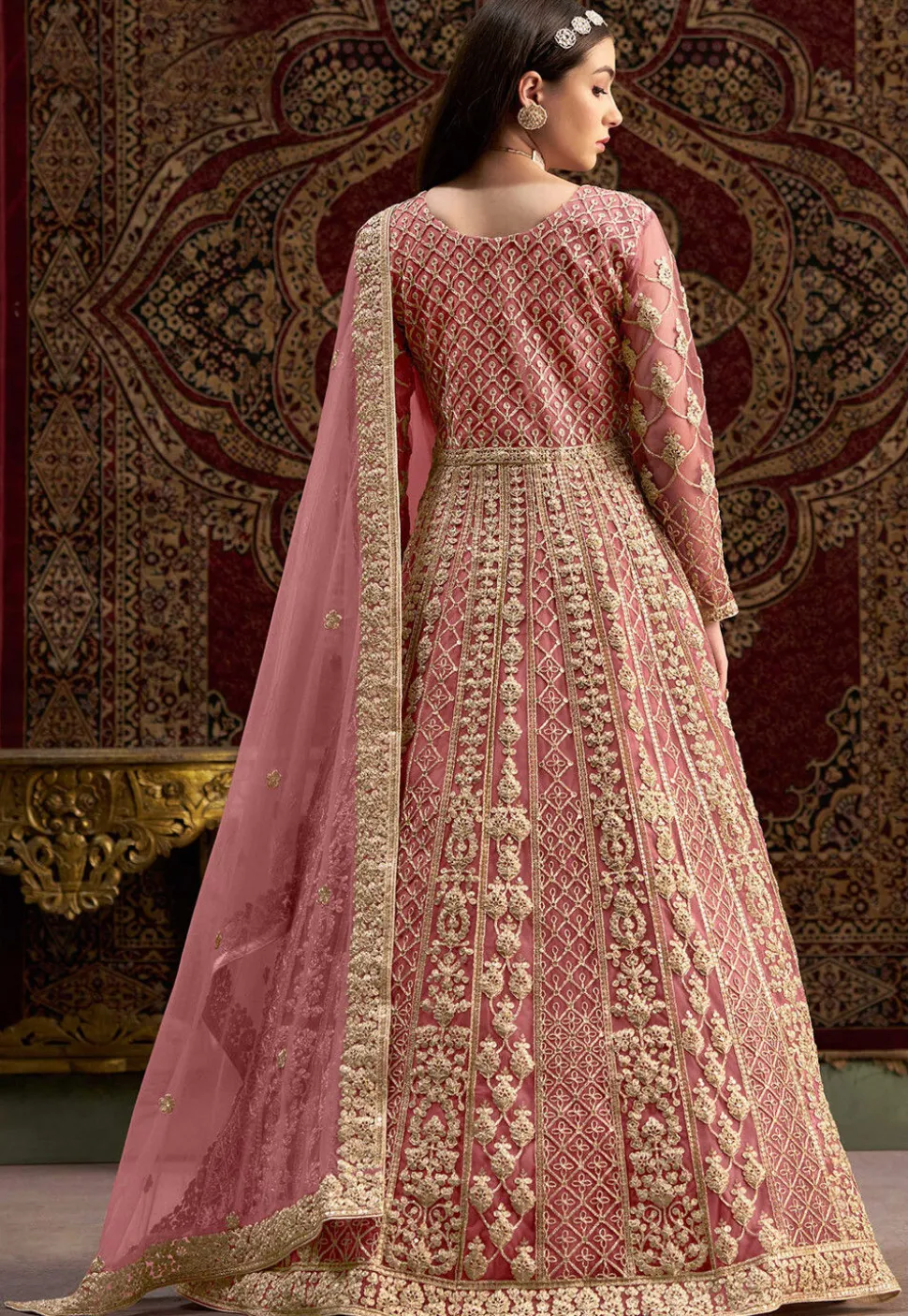 Embroidered Net Abaya Style Suit in Pink