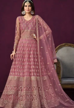 Embroidered Net Abaya Style Suit in Pink