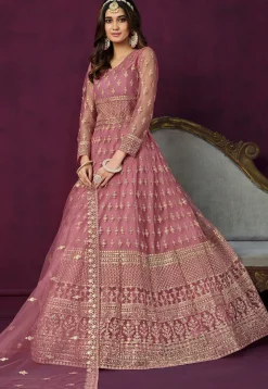Embroidered Net Abaya Style Suit in Pink