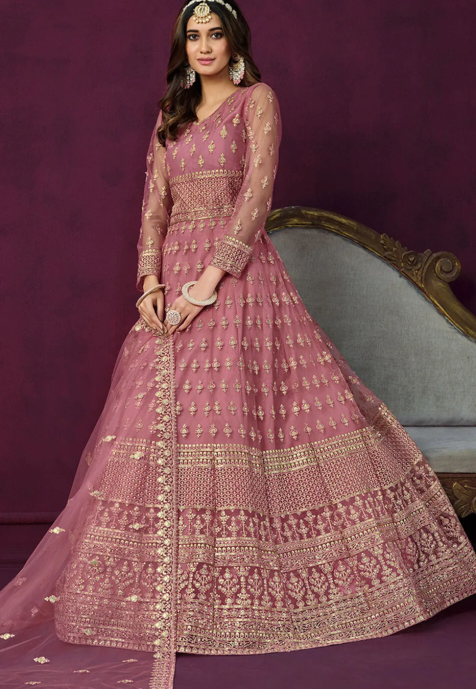 Embroidered Net Abaya Style Suit in Pink