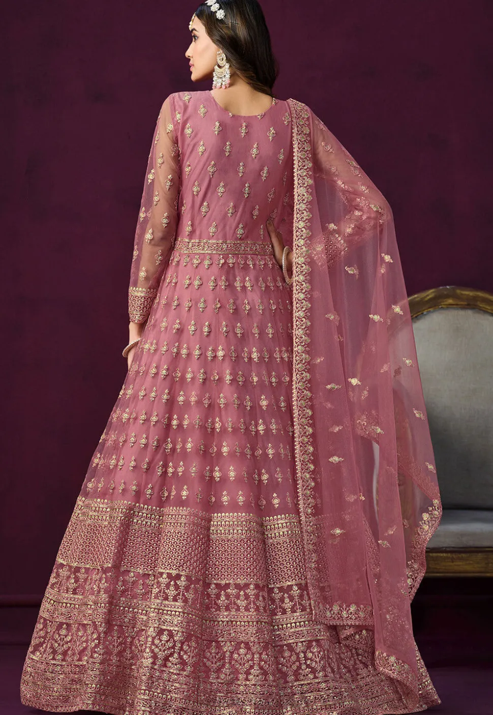 Embroidered Net Abaya Style Suit in Pink
