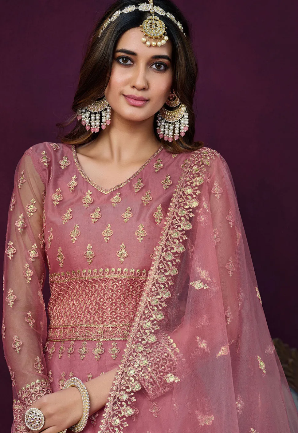 Embroidered Net Abaya Style Suit in Pink