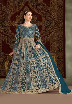 Embroidered Net Abaya Style Suit in Teal Blue