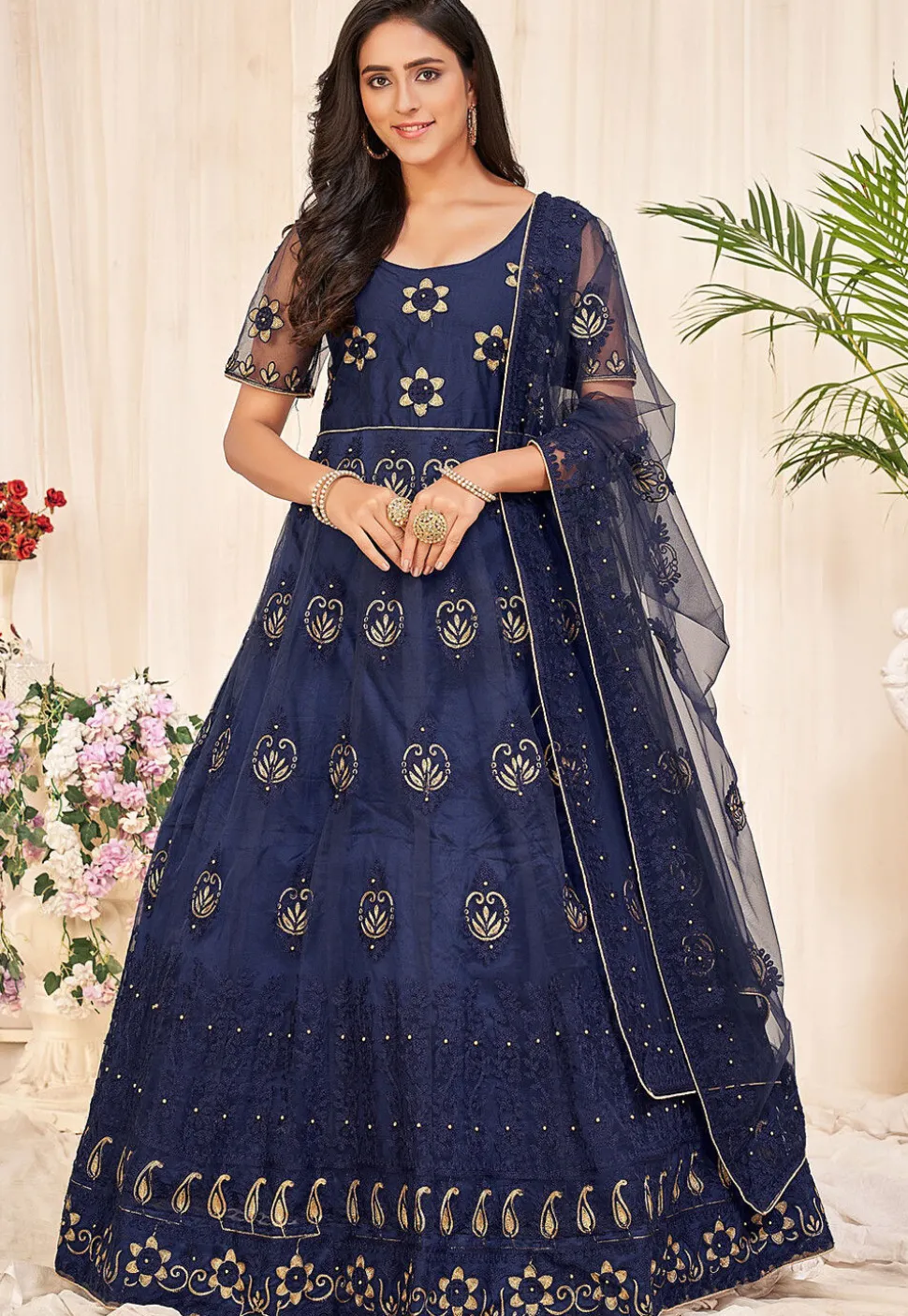 Embroidered Net Abaya Style Suit in Navy Blue