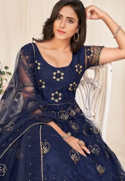 Embroidered Net Abaya Style Suit in Navy Blue