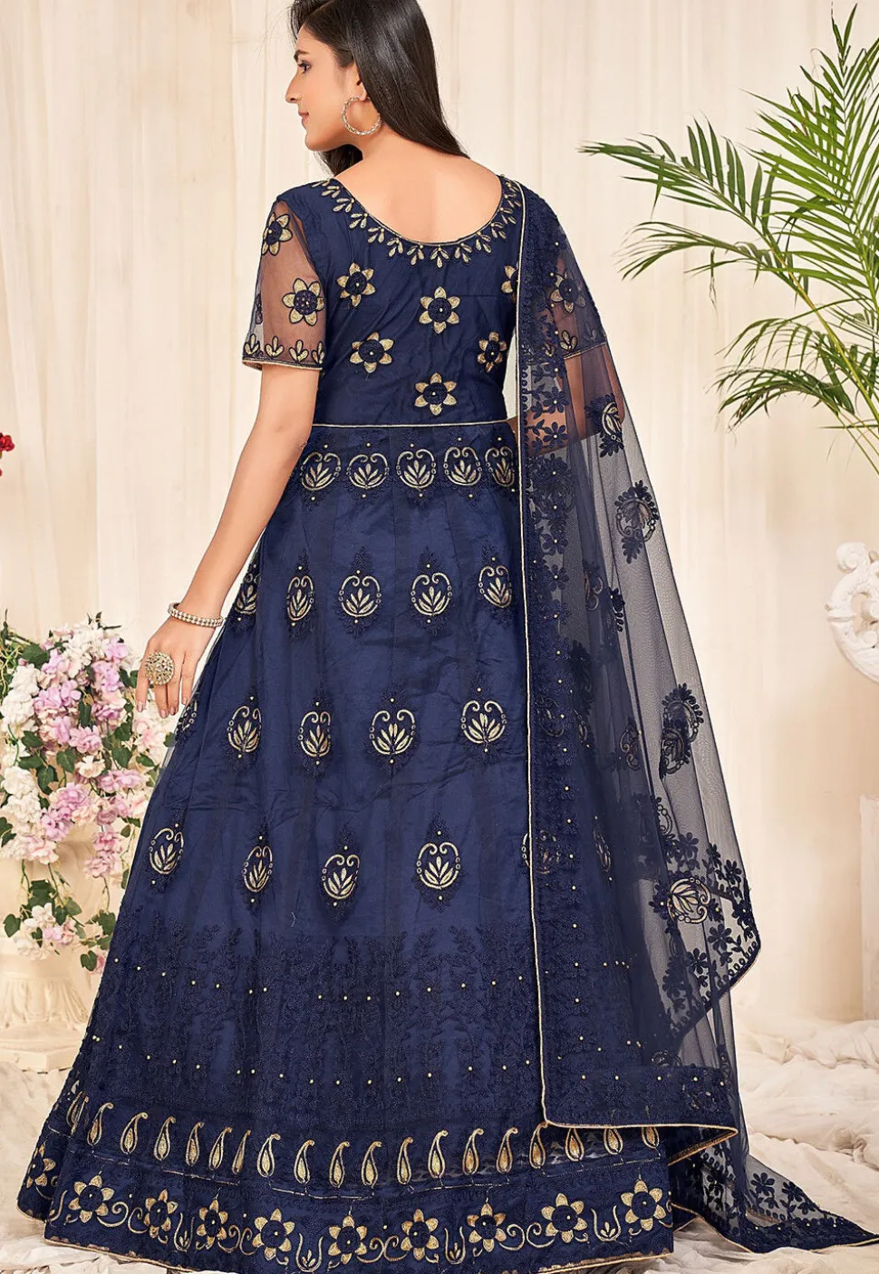 Embroidered Net Abaya Style Suit in Navy Blue