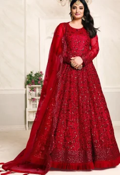 Embroidered Net Abaya Style Suit in Maroon