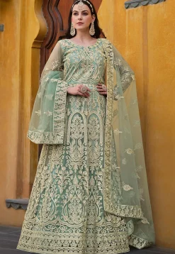 Embroidered Net Abaya Style Suit in Sea Green
