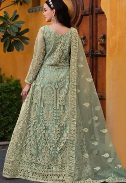 Embroidered Net Abaya Style Suit in Sea Green