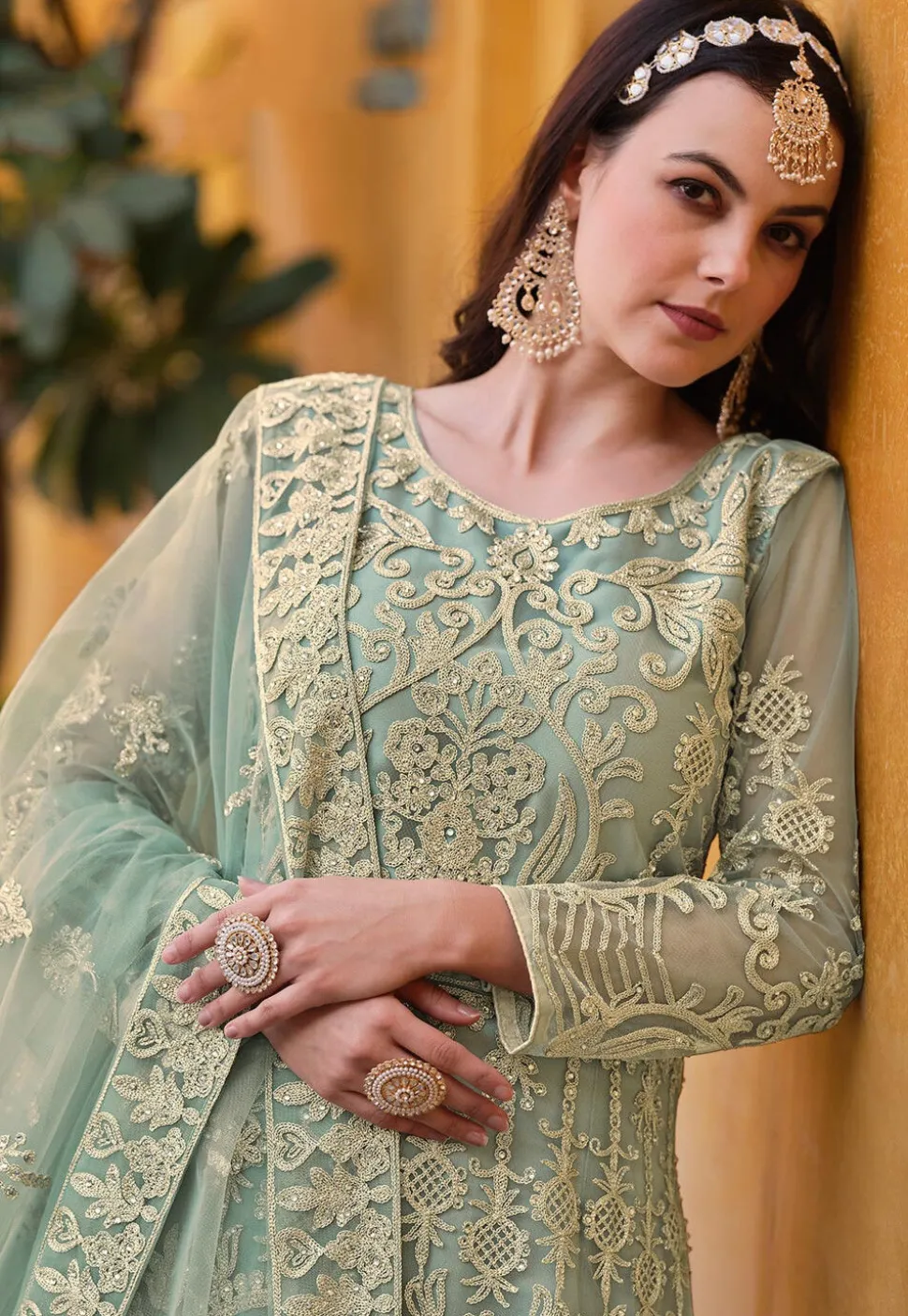 Embroidered Net Abaya Style Suit in Sea Green