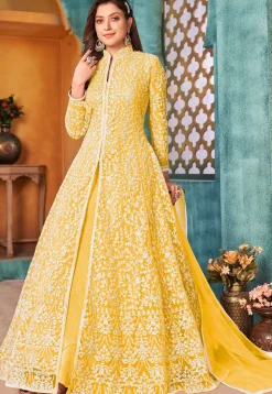 Embroidered Net Abaya Style Suit in Yellow
