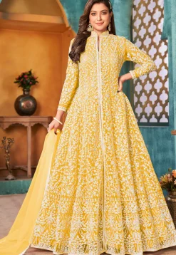 Embroidered Net Abaya Style Suit in Yellow