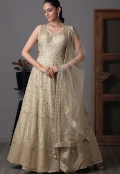 Embroidered Net Abaya Style Suit in Beige