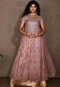 Embroidered Net Abaya Style Suit in Light Pink