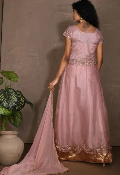 Embroidered Net Abaya Style Suit in Light Pink