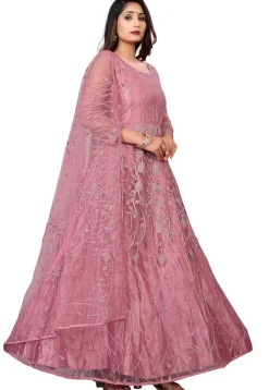 Embroidered Net Abaya Style Suit in Old Rose