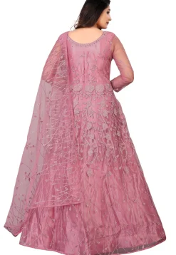 Embroidered Net Abaya Style Suit in Old Rose