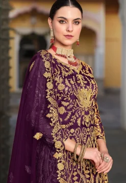 Embroidered Net Abaya Style Suit in Purple