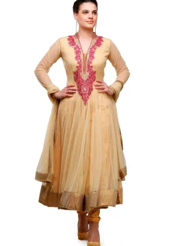Embroidered Net Anarkali Suit in Beige