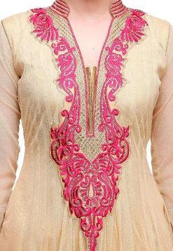 Embroidered Net Anarkali Suit in Beige