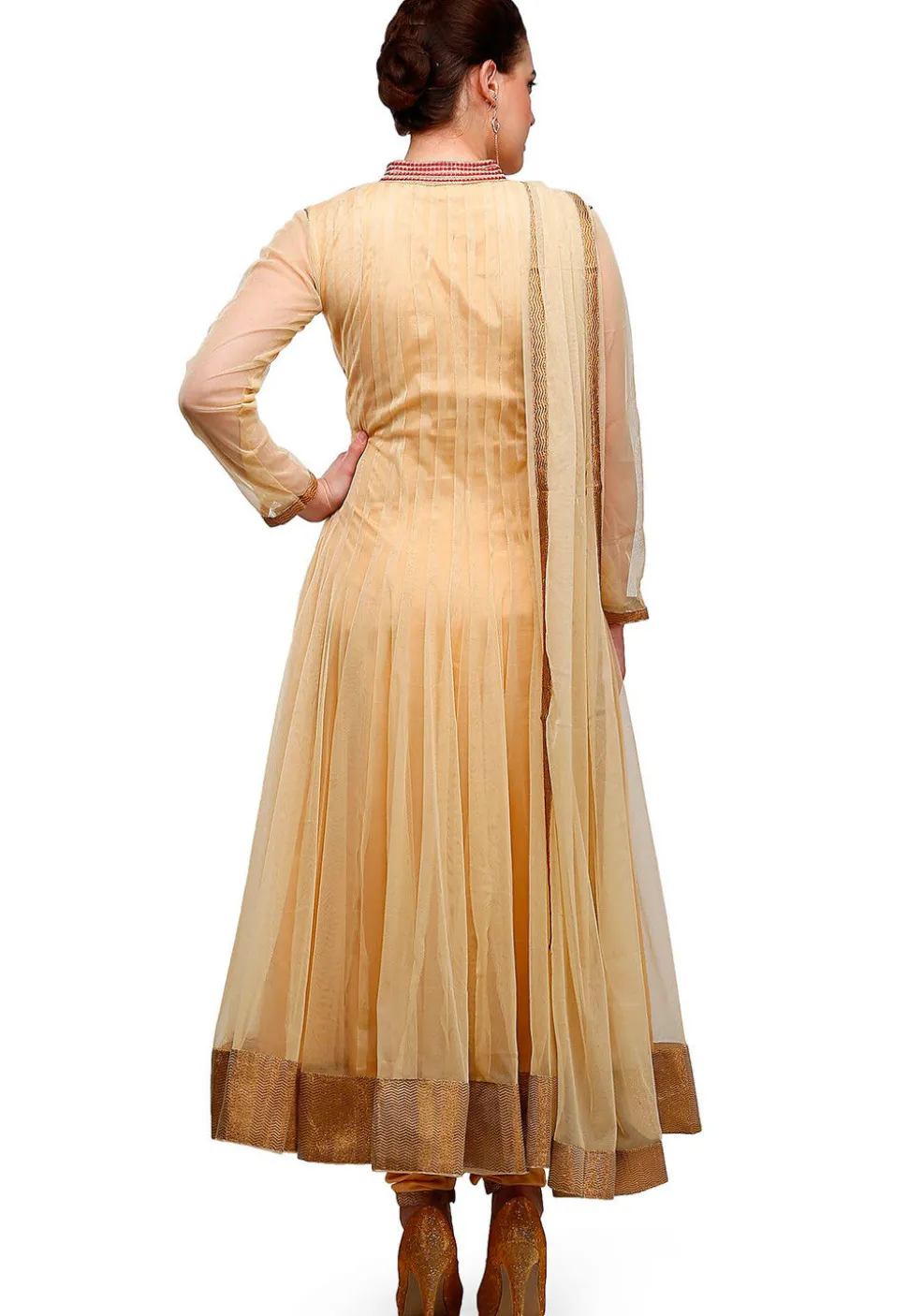 Embroidered Net Anarkali Suit in Beige