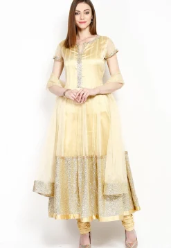 Embroidered Net Anarkali Suit in Golden