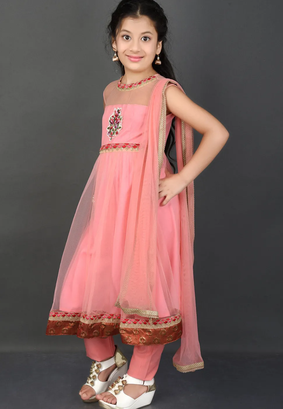 Embroidered Net Anarkali Suit in Pink