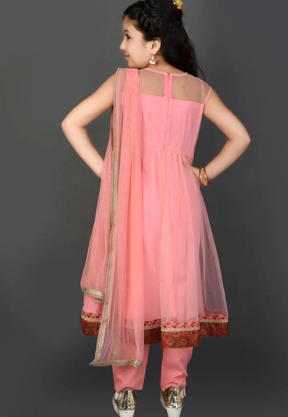 Embroidered Net Anarkali Suit in Pink