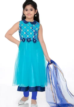 Embroidered Net Anarkali Suit in Turquoise
