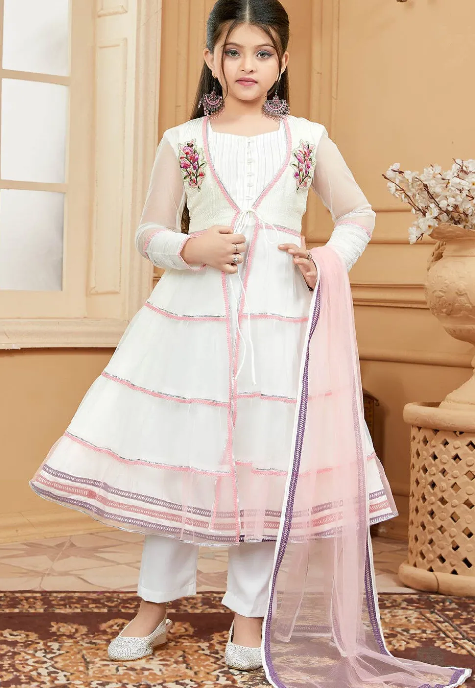 Embroidered Net Anarkali Suit in Off White