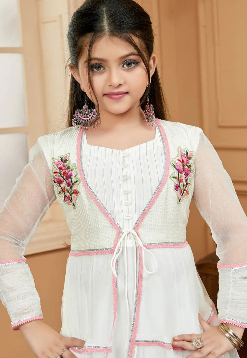 Embroidered Net Anarkali Suit in Off White