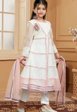 Embroidered Net Anarkali Suit in Off White
