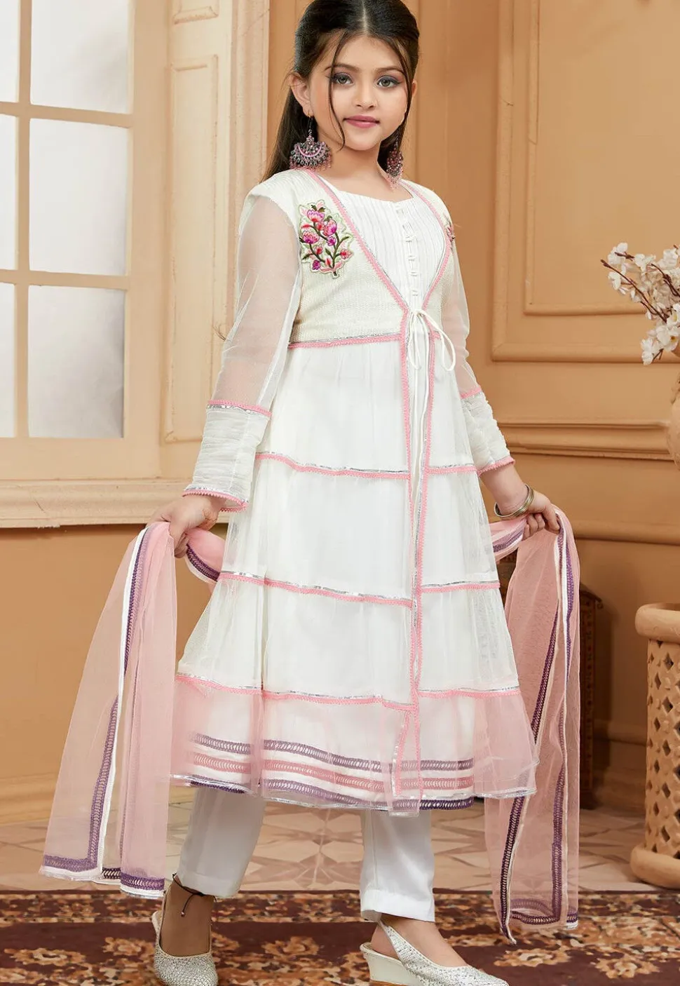 Embroidered Net Anarkali Suit in Off White