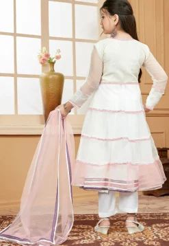 Embroidered Net Anarkali Suit in Off White