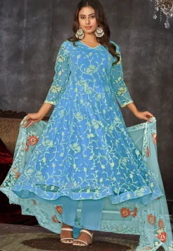 Embroidered Net Anarkali Suit in Blue