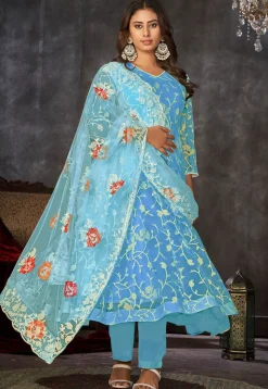Embroidered Net Anarkali Suit in Blue