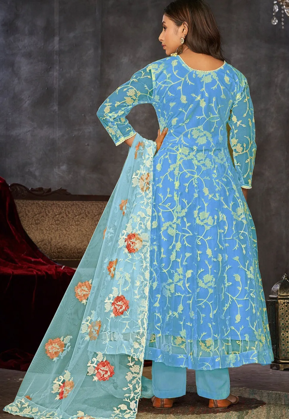 Embroidered Net Anarkali Suit in Blue