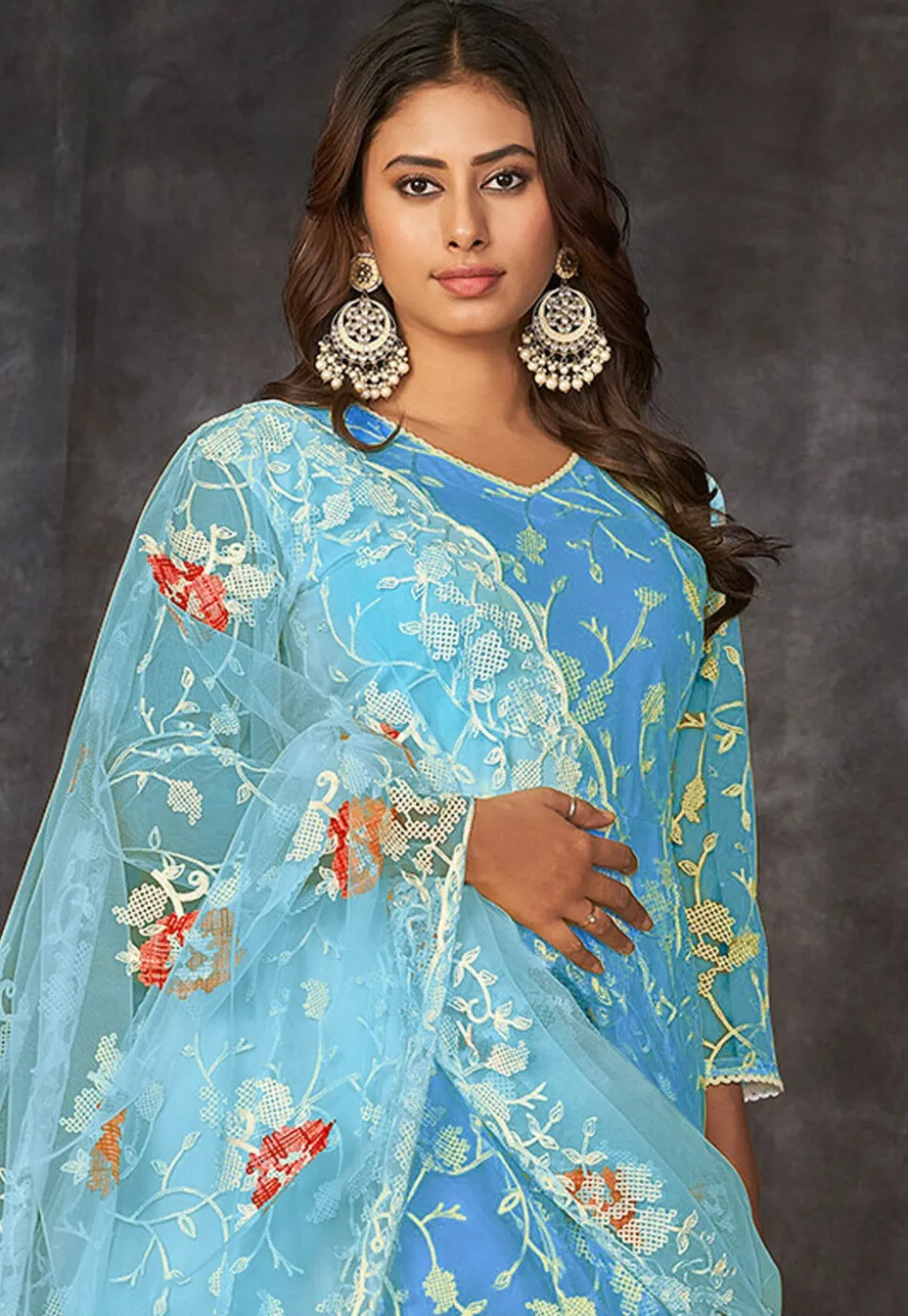 Embroidered Net Anarkali Suit in Blue