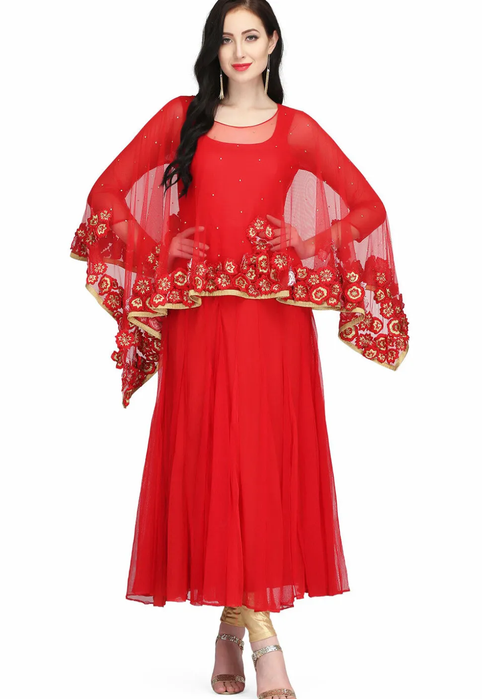 Embroidered Net Anarkali Suit in Red