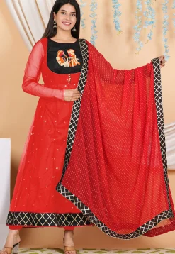Embroidered Net Anarkali Suit in Red