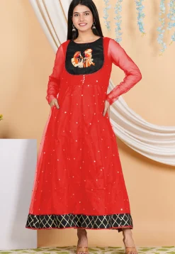 Embroidered Net Anarkali Suit in Red