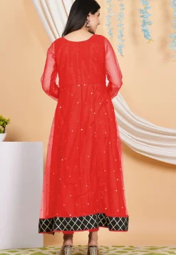 Embroidered Net Anarkali Suit in Red