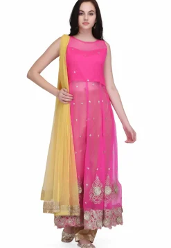 Embroidered Net Anarkali Suit in Pink