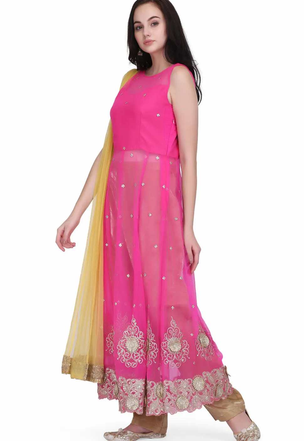 Embroidered Net Anarkali Suit in Pink