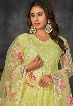 Embroidered Net Anarkali Suit in Light Green